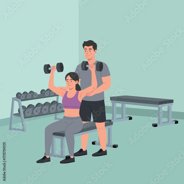 Fototapeta flat vector of character as fitness personal trainer instructor with client at gym