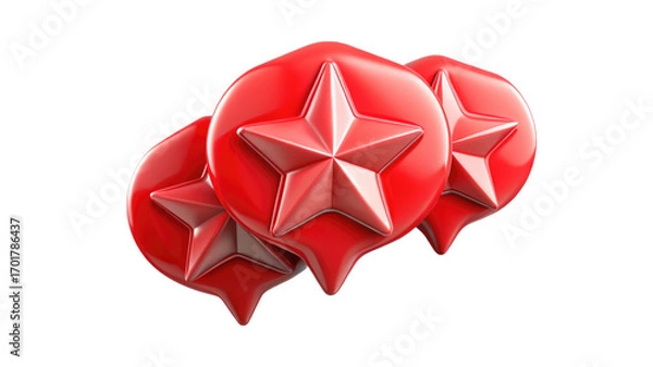 Fototapeta A cluster of three stylized, glossy red speech bubbles, each containing a crisp white five-pointed star prominently centered within. The speech bubbles are rendered with sharp, geometric facets, creat