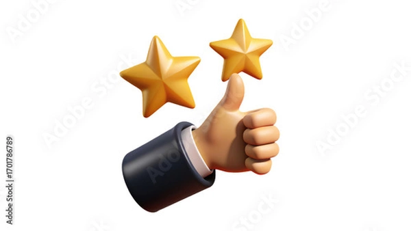 Fototapeta A studio photograph captures a hand reaching to place the final of five golden, glossy, three-brightensional stars in a horizontal line against a stark white, slightly textured background. The stars 