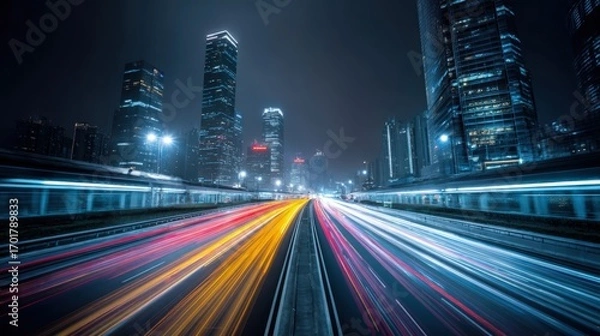 Fototapeta Dynamic Cityscape at Night with Light Trails from Traffic on the Highway, Modern Urban Scene