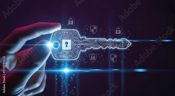 Obraz Unlock digital security with glowing cyber key and futuristic circuit board technology