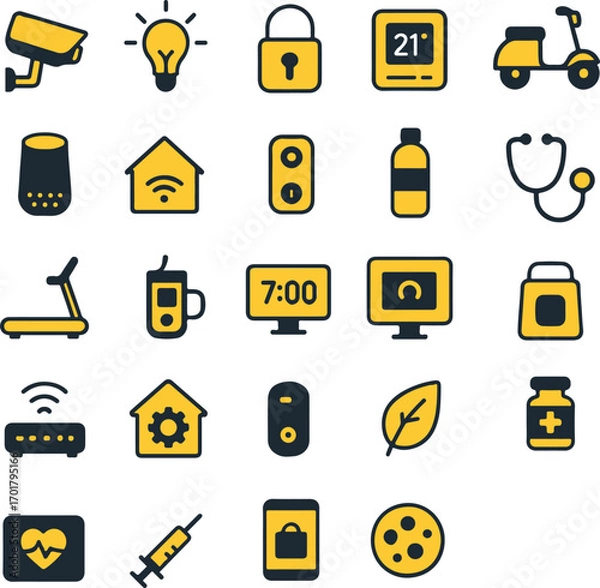 Fototapeta Two-color flat design icon set for remote work, digital tools, and smart devices. Includes Wi-Fi, gadgets, scooter, smartwatch, eco leaf, locks, alarms, stethoscope, and wellness icons.
