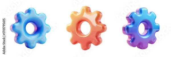 Obraz Three glossy 3 D rendered gears in blue orange and purple isolated on a transparent background