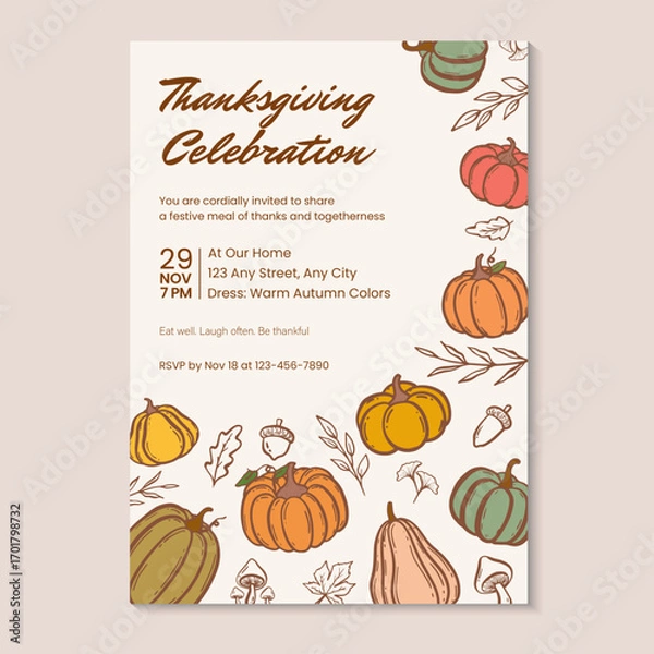Fototapeta Thanksgiving celebration invitation template with colorful hand-drawn pumpkins and autumn leaves. Vector illustration hand drawn thanksgiving dinner invitation template.
