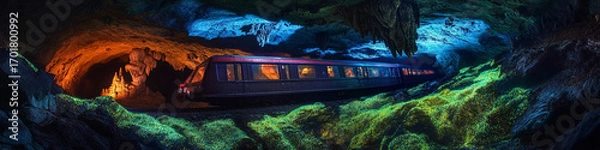 Fototapeta Low-angle shot of a train inside a cavern with bioluminescent moss