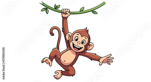 Fototapeta Happy baby monkey character hanging from a liana, cheerful vector graphic isolated on white background