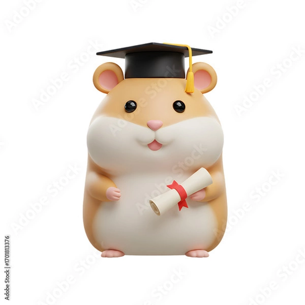 Fototapeta Cute 3D Cartoon Hamster with Graduation Cap and Diploma, Isolated on a Transparent PNG