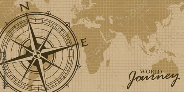 Fototapeta Vintage Compass with old world map Illustration . Wind Rose. . World nautical vintage star for mariners latitude and longitude navigation measurement equipment. Concept on the topic of sea voyages