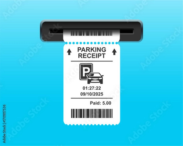 Fototapeta Parking ticket for car. Paper receipt in pay machine on exit. terminal before barrier, for payment of bill or tax. Icon of invoice for park zone. Vector.
