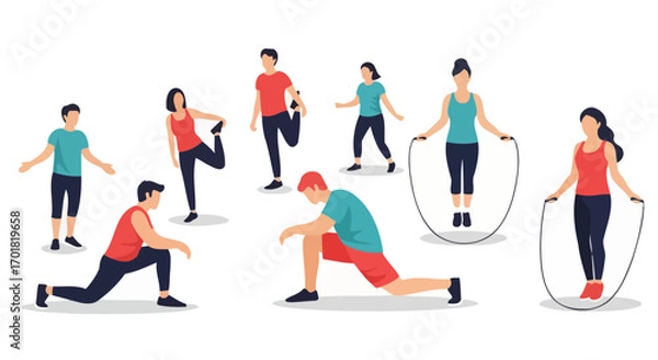 Fototapeta Diverse Group Of People Engaging In Various Stretching And Exercise Activities, Perfect For Fitness App Illustrations And Health And Wellness Campaign Visuals.