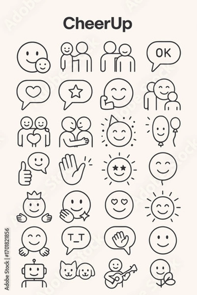 Fototapeta Cheerful Emoticons and Icons for Positivity and Happiness, Smiling Faces, Vector Illustrations