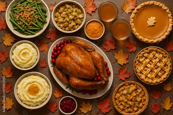 Obraz Thanksgiving Feast Roasted Turkey Sides and Pies