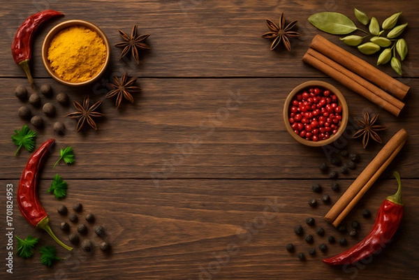 Obraz Vibrant Spices Aromatic Culinary Ingredients on Rustic Wood