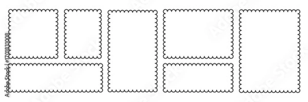 Fototapeta Scalloped rectangle Frame set. Outline border template. Simple label vector. Minimalist wavy line frames. Blank rectangular text box. Scallop edge stamp