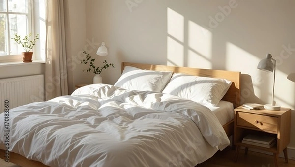 Fototapeta Cozy bedroom with warm sunlight casting shadows on a neatly made bed and bedside table in a serene, inviting atmosphere