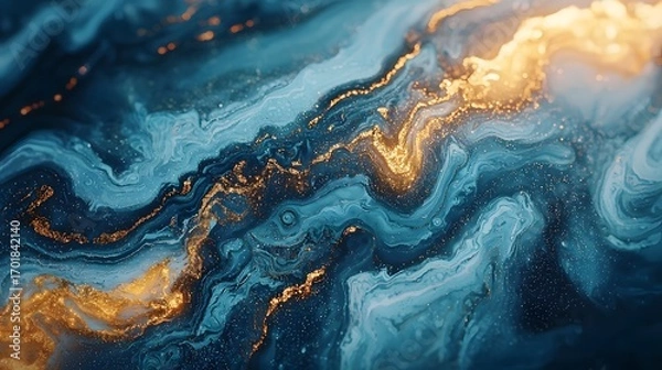 Fototapeta A captivating abstract design featuring swirling patterns of deep blues, light blues, and golds, with shimmering gold flecks, creating an elegant and sophisticated visual aesthetic.
