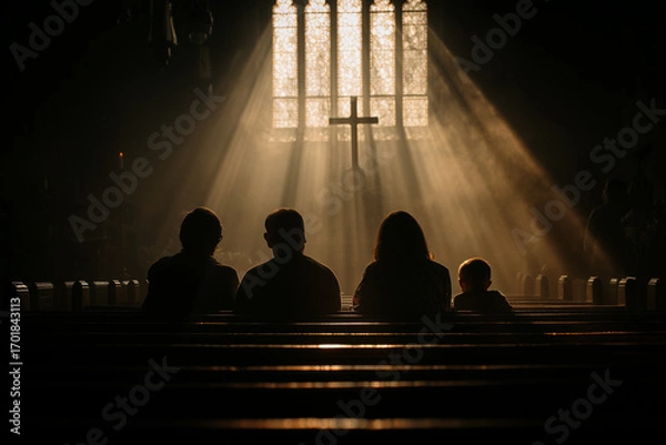Fototapeta Family sitting in church during worship
