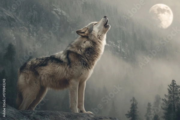 Fototapeta Howling wolf under full moon in forest