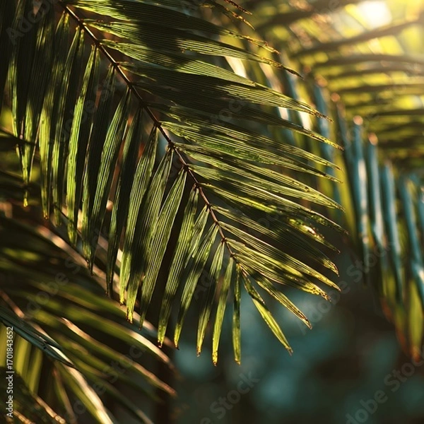 Obraz Tropical Palm Fronds with Golden Sunlight and Shadows