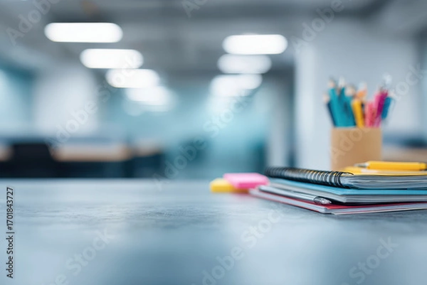 Fototapeta modern study space featuring textbook and variety of stationery items with blurred white text bars overlaying scene