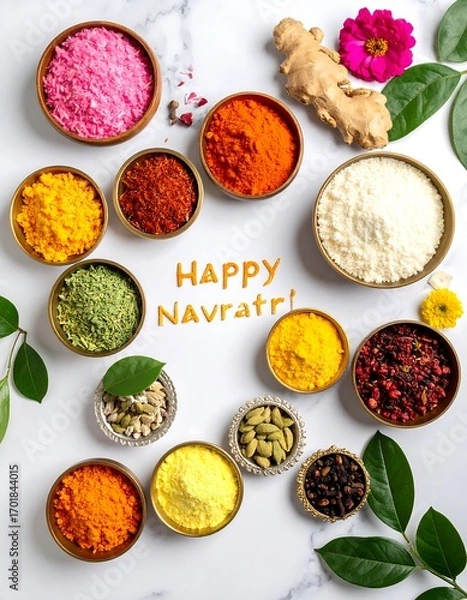 Obraz Colorful spices in small bowls, arranged on a white marble surface, with the words "Happy Navratri" in the center