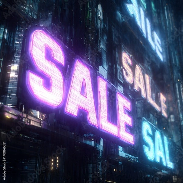Obraz Vibrant Neon 'SALE' Signs Illuminating a Dark Futuristic Cityscape