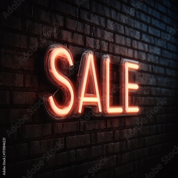 Obraz Vibrant Orange 'SALE' Neon Sign on Rough Brick Wall - Illuminated Retail Promotion and Discount Concept