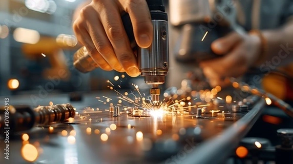 Fototapeta Close-Up of Worker Using Power Tool Sparks Flying in Workshop Setting