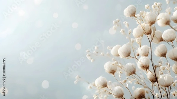 Fototapeta Delicate, fluffy white flowers with light beige branches, against a soft, pastel blue background, create a serene, airy ambiance.