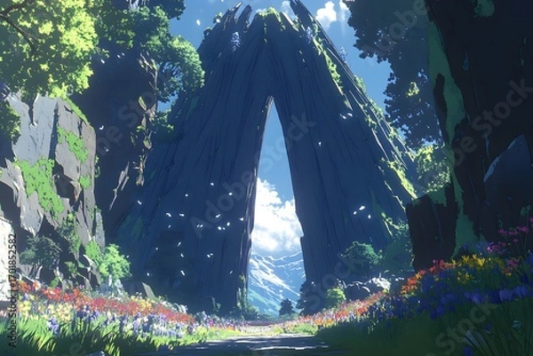 Fototapeta A vibrant, stylized landscape showcases a majestic archway between towering, textured rock formations, filled with colorful flowers and lush greenery.