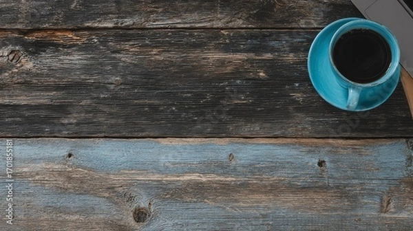 Fototapeta A vibrant turquoise mug filled with dark liquid rests beside a closed laptop on weathered, rustic wooden planks, evoking a sense of quiet contemplation and focused work.