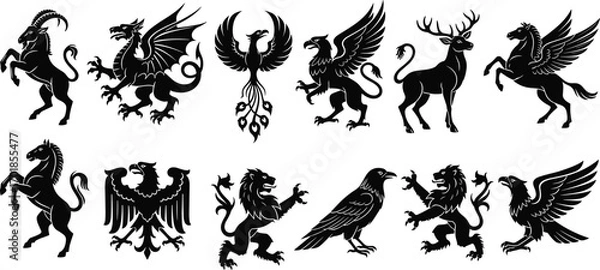 Fototapeta "Heraldic Mythical Creature Silhouettes – Black Fantasy Animal Icons for Medieval Emblem, Coat of Arms, and Vector Design Projects"