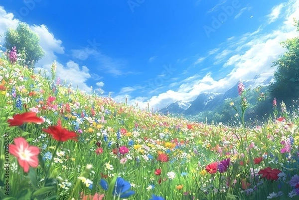 Fototapeta A vibrant meadow bursts with colorful flowers, sloping gently upward towards a backdrop of snow-capped mountains under a bright, sunny sky.