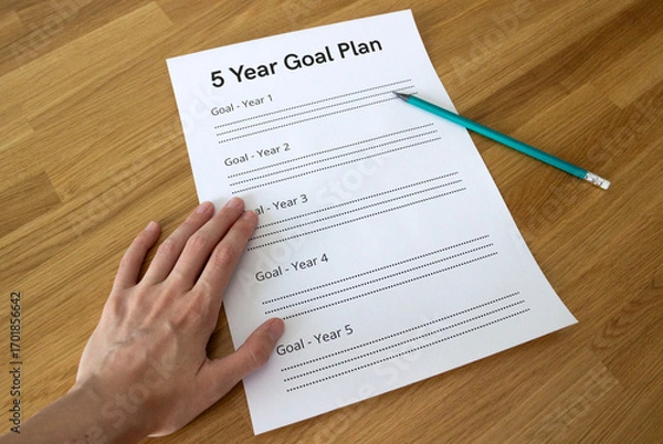 Fototapeta hand holding a sheet of paper saying '5 Year Goal Plan' on a table with a pencil next to it