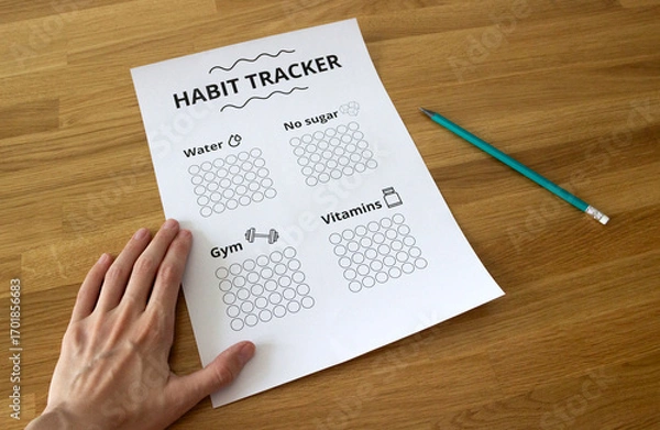 Fototapeta Hand holding a sheet of paper that says 'Habit Tracker' on the wooden table with a pencil next to it, habit tracking concept, healthy lifestyle, sport