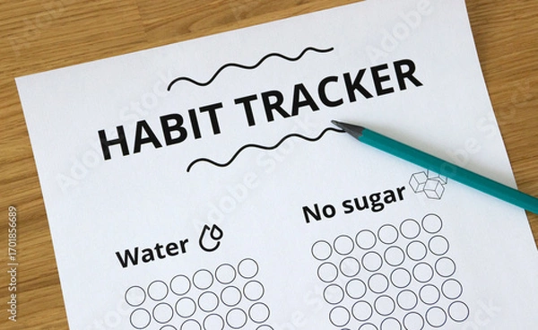 Fototapeta Extreme close up of a headline that says 'Habit Tracker', with a pencil pointing to the headline, habit tracking concept, positive mindset, discipline, routine
