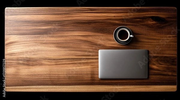 Fototapeta A minimalist flat lay showcases a closed laptop and a dark coffee cup resting on a richly textured walnut wood surface, evoking a sense of calm productivity and modern simplicity.