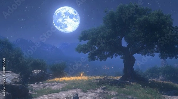Fototapeta A serene, moonlit landscape with a towering tree stands sentinel over a tranquil meadow at night.