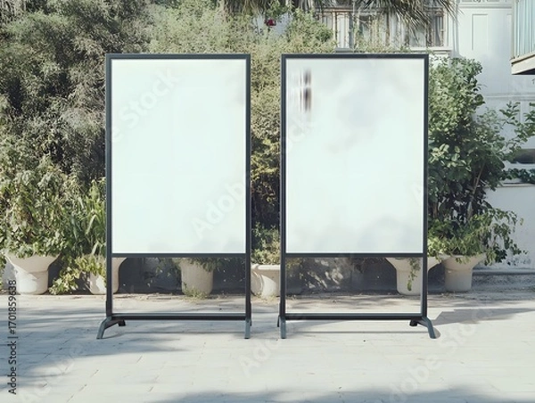 Fototapeta Two blank vertical outdoor advertising panels stand in a garden setting, ready for custom design.