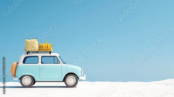 Fototapeta Road Trip Ready: A vintage car, overflowing with luggage, hints at the freedom of the open road under a brilliant azure sky.