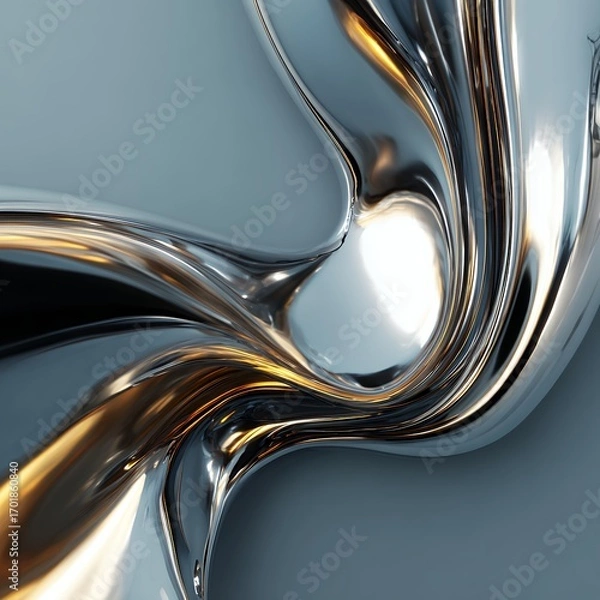Fototapeta Abstract Fluid Metallic Waves with Chrome and Gold Reflections. Elegant Liquid Metal Background Texture.