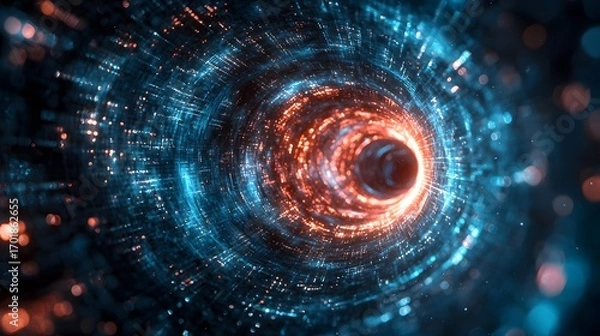 Fototapeta A swirling tunnel of vibrant digital energy, composed of swirling, concentric circles of glowing orange and teal light.