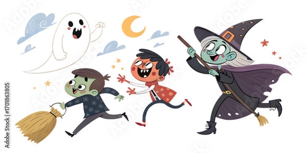 Fototapeta Children in costumes run joyfully during a Halloween celebration with a ghost in the background under a crescent moon  moon, festive, party, spooky, fun, october, playful, friends, candy, characters, 