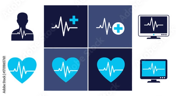 Fototapeta A collection of medical cardiology icons and illustrations representing heart health and vital signs monitoring with electrocardiograms and monitors
