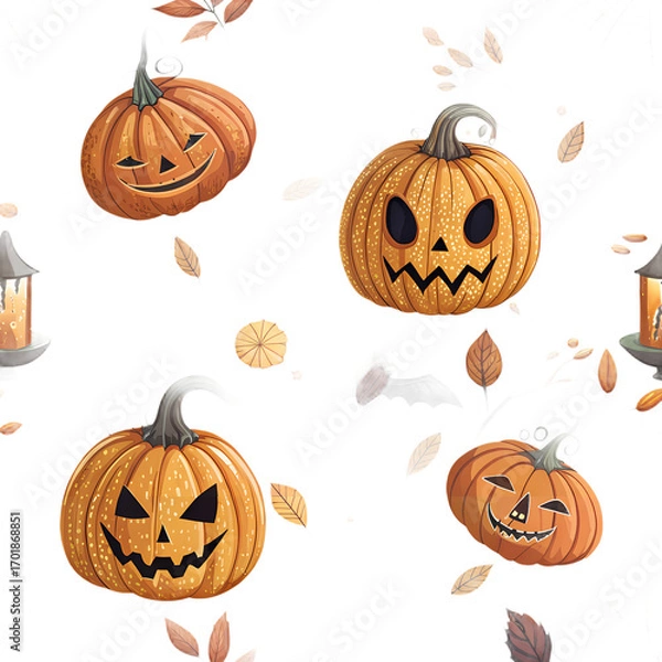 Fototapeta Colorful Halloween pumpkins with spooky faces and autumn leaves scattered on a white background create a festive atmosphere perfect for celebrating the Halloween season , orange, festive, seasonal, ha
