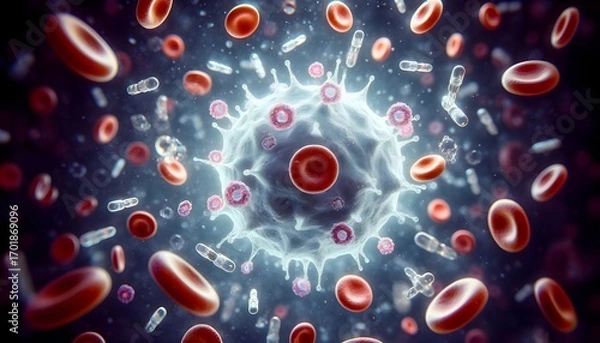 Fototapeta White Blood Cell T-cells Antibodies as a leukocyte with antibody treatment of disease representing the immune system or immunology as a pathology or oncology symbol