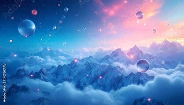 Fototapeta Surreal cosmic landscape with floating planets above mountain peaks