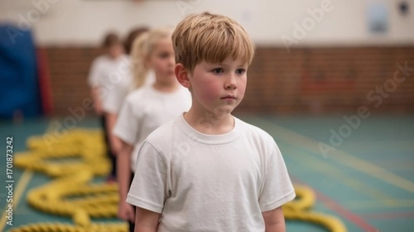 Fototapeta A young boy stands in a gym, looking serious, as children line up behind him, suggesting focus and teamwork in a physical activity setting.