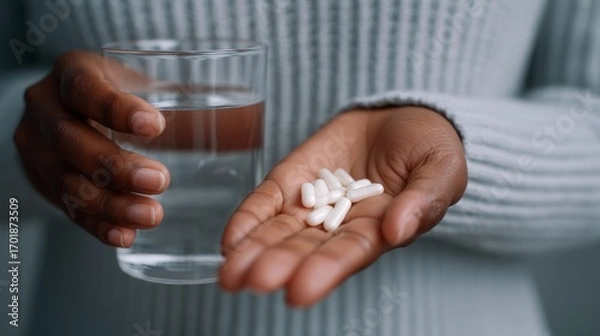 Fototapeta A person holds a glass of water in one hand and pills in the other, suggesting a moment of medication or health-related activity.