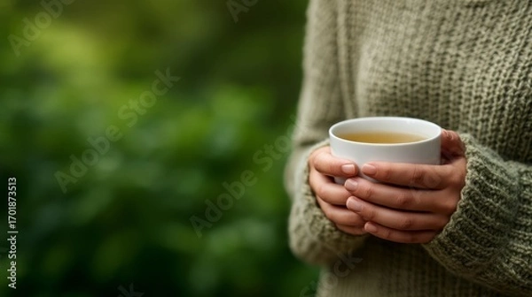 Fototapeta A cozy scene featuring a person holding a cup of tea while wearing a knitted sweater, surrounded by lush greenery.